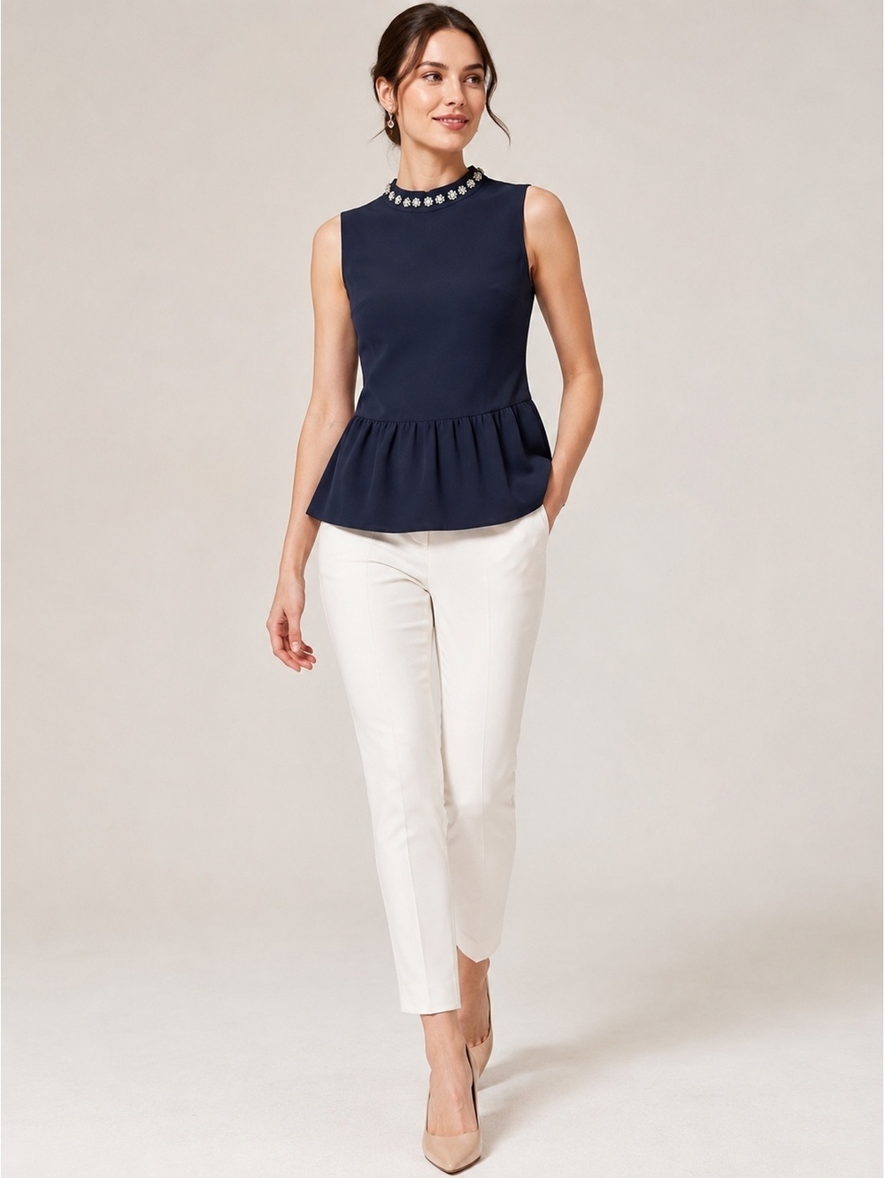 J.Crew Womens Navy Peplum Top Jeweled Collar Sleeveless Size M